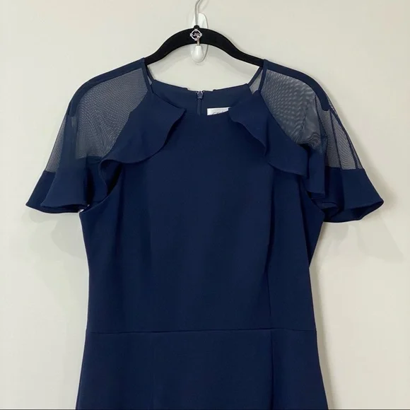 Eliza J Ruffle Shoulder Cocktail Dress Navy Scuba Crepe Wedding Evening Party - Picture 9 of 14